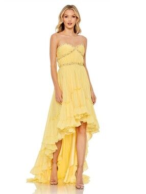 Mac Duggal Yellow High Low Bejeweled Dress
